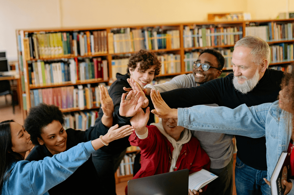 Happy students in a school library